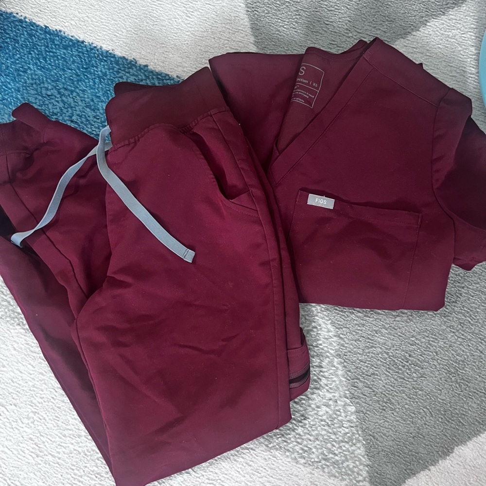 Burgundy Scrub Set with Gray Drawstring